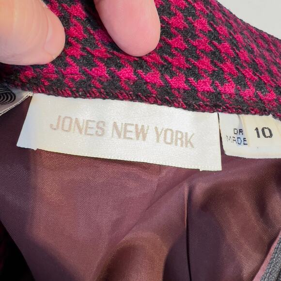 Jones New York Vintage Wool Pencil Skirt 10 Rear Zip Slit Pink Black Houndstooth - Picture 2 of 16